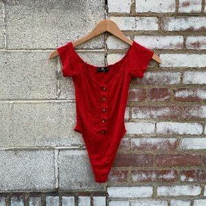 Bright Red Buttoned Off-the-Shoulder Bodysuit